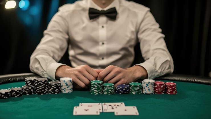 Meja kasino dengan dealer profesional siap menghibur pemain secara langsung di platform